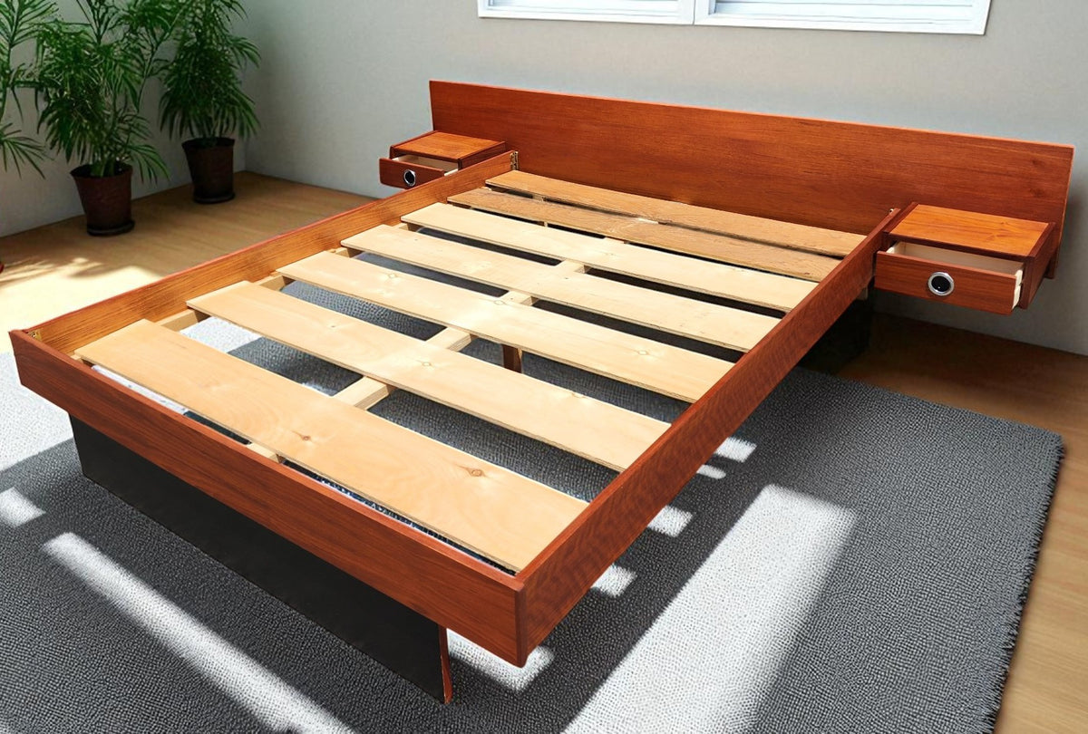 REFINISHED Mid Century Modern teak queen bed w floating nightstands & 2 dressers