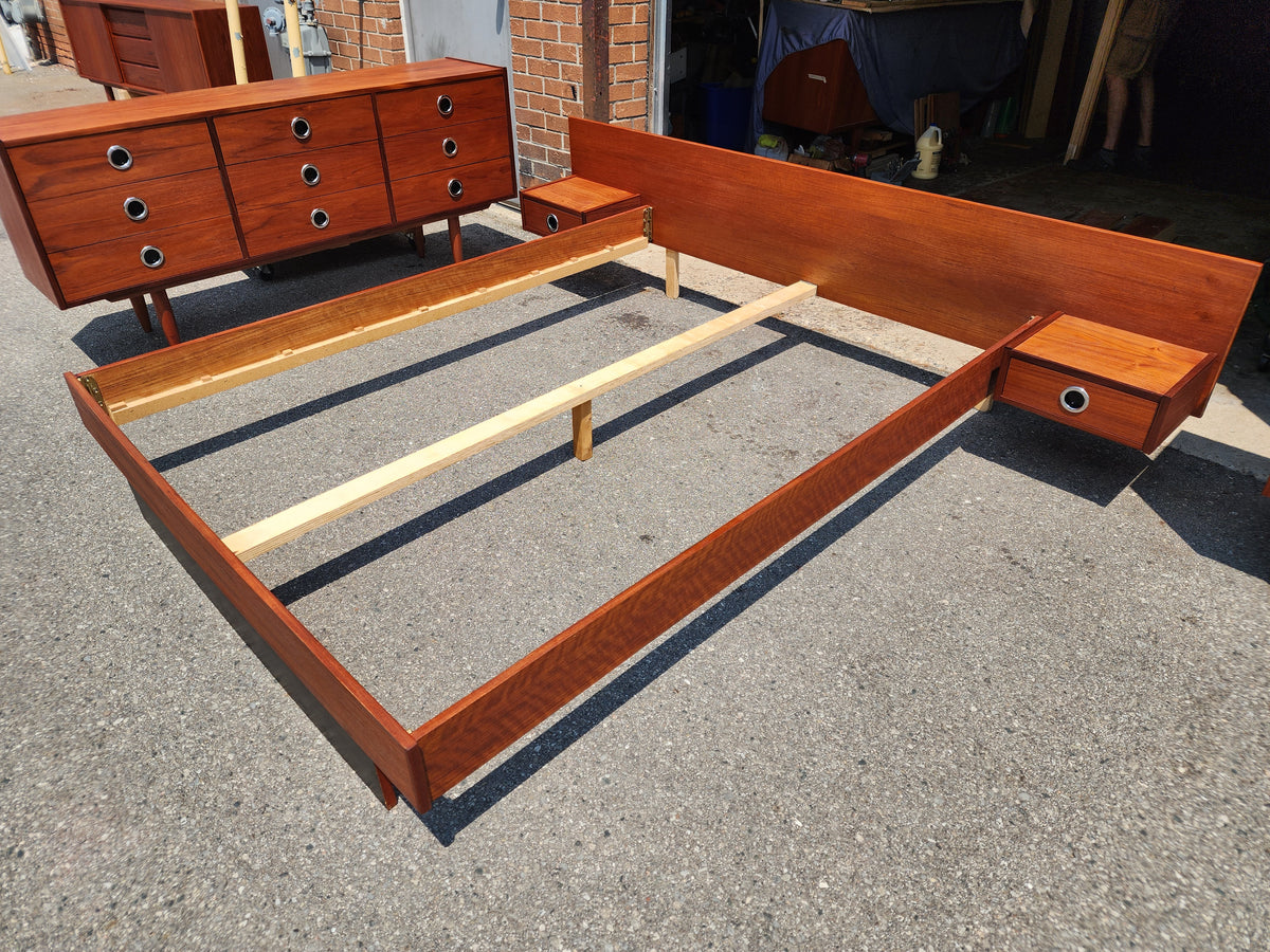 REFINISHED Mid Century Modern teak queen bed w floating nightstands & 2 dressers