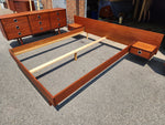 REFINISHED Mid Century Modern teak queen bed w floating nightstands & 2 dressers 11