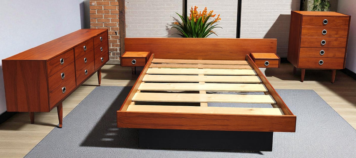 REFINISHED Mid Century Modern teak queen bed w floating nightstands & 2 dressers