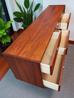 REFINISHED Mid Century Modern teak queen bed w floating nightstands & 2 dressers 4