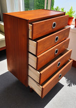 REFINISHED Mid Century Modern teak queen bed w floating nightstands & 2 dressers 5