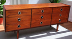 REFINISHED Mid Century Modern teak queen bed w floating nightstands & 2 dressers 7