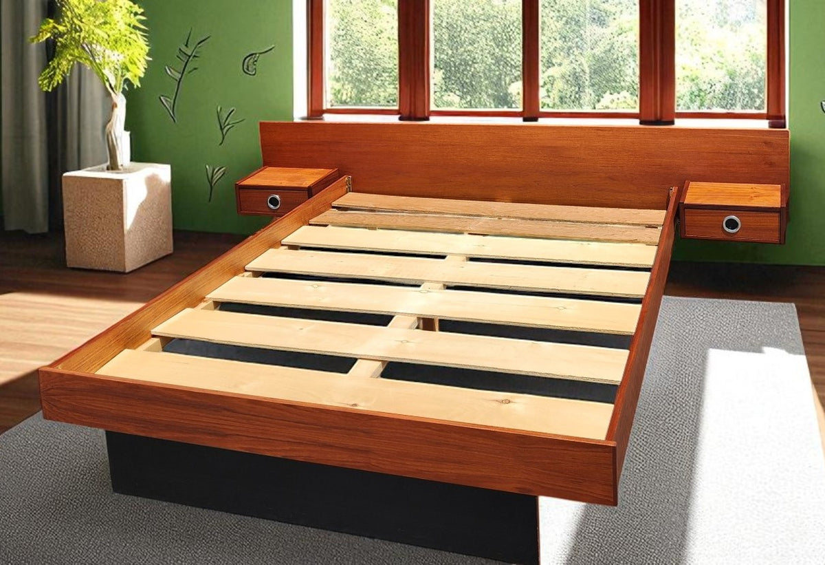 REFINISHED Mid Century Modern teak queen bed w floating nightstands & 2 dressers