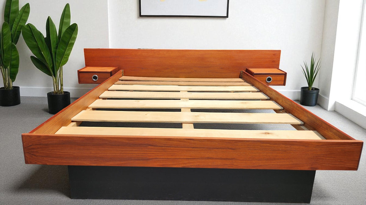 REFINISHED Mid Century Modern teak queen bed w floating nightstands & 2 dressers