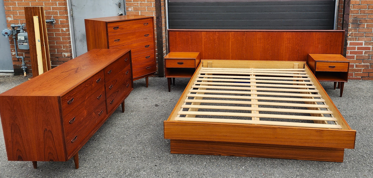 RESTORED Mid Century Modern Teak Queen Bed w Nightstands & 2 Dressers
