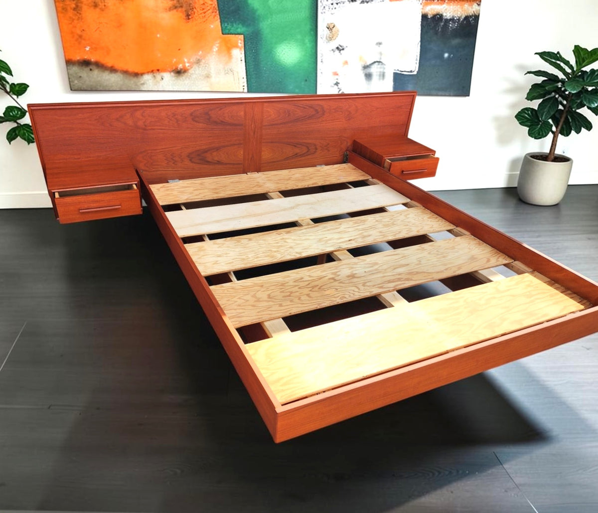 REFINISHED Mid Century Modern Teak Bed w Floating Nightstands Queen