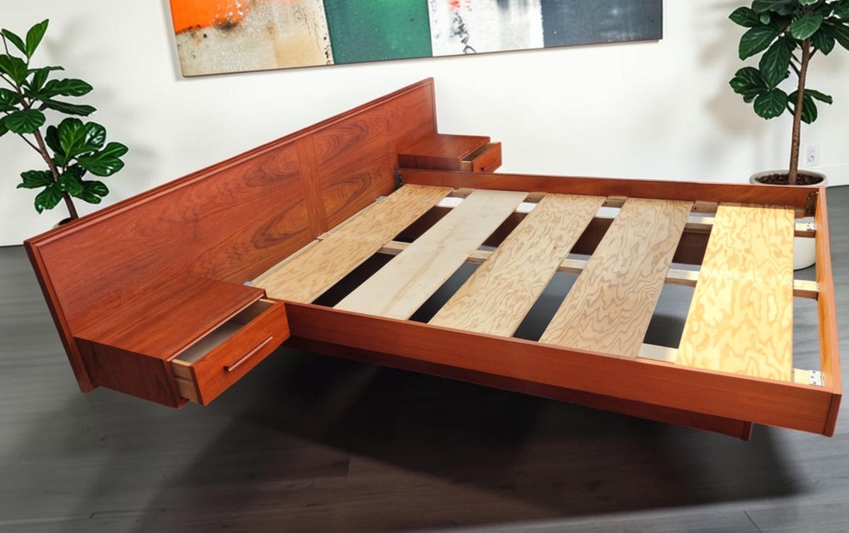 REFINISHED Mid Century Modern Teak Bed w Floating Nightstands Queen