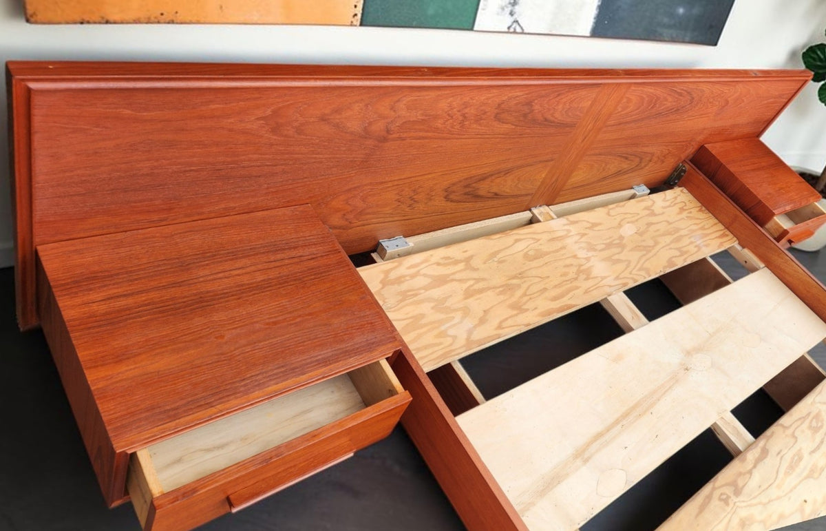 REFINISHED Mid Century Modern Teak Bed w Floating Nightstands Queen