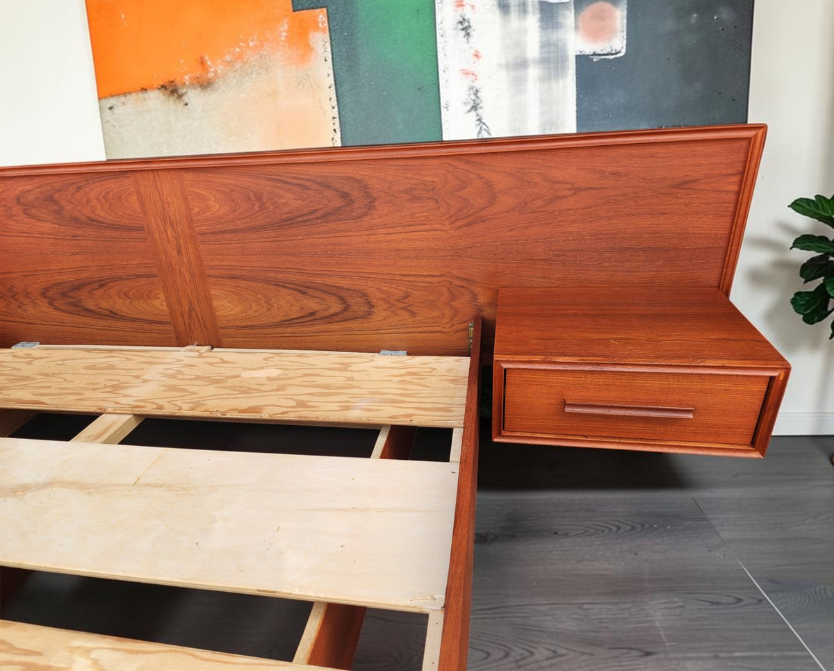 REFINISHED Mid Century Modern Teak Bed w Floating Nightstands Queen