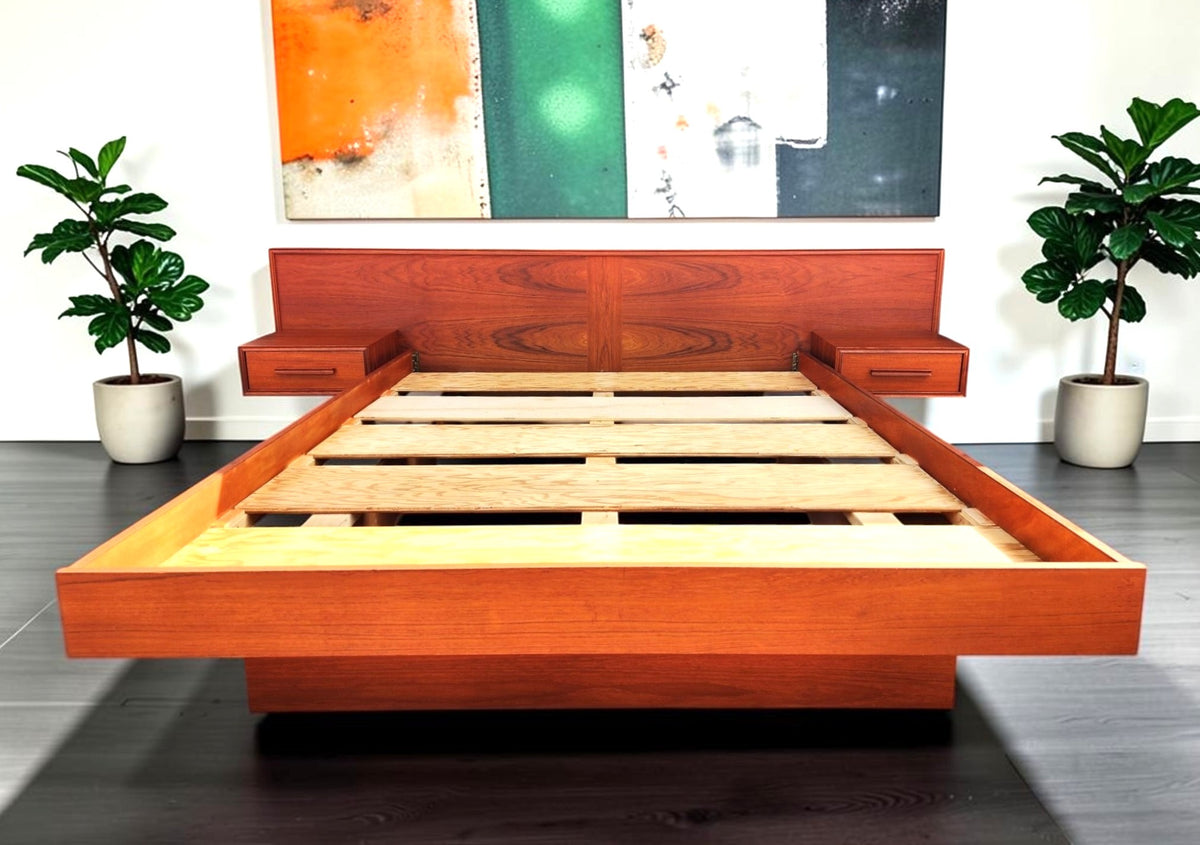 REFINISHED Mid Century Modern Teak Bed w Floating Nightstands Queen
