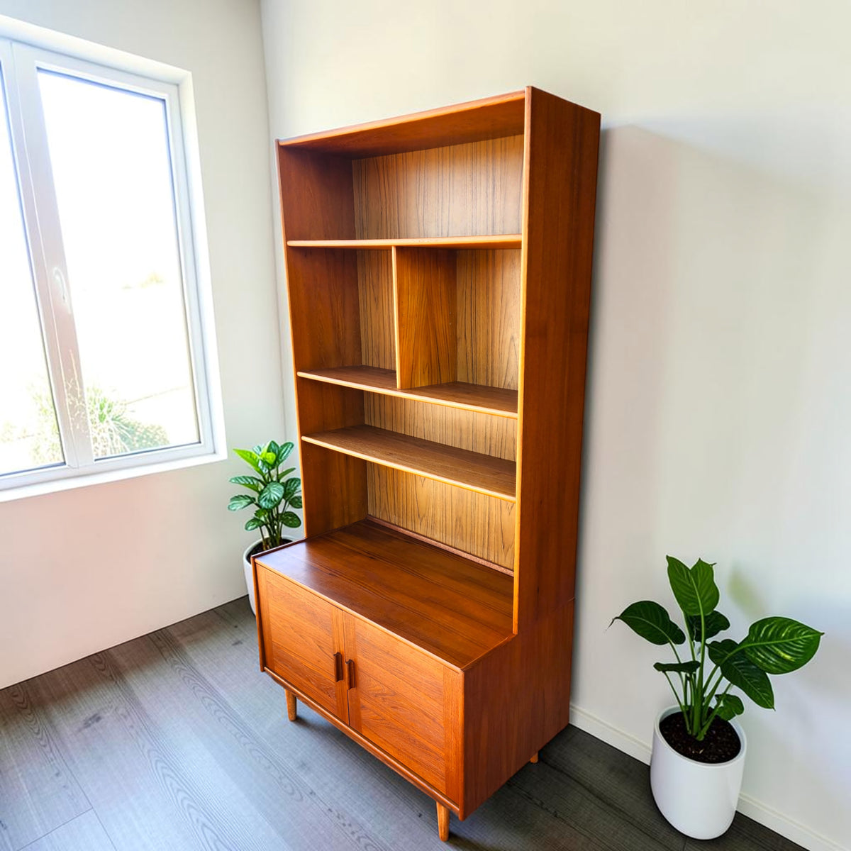 REFINISHED Danish Mid Century Modern Teak Cabinet w Shelving