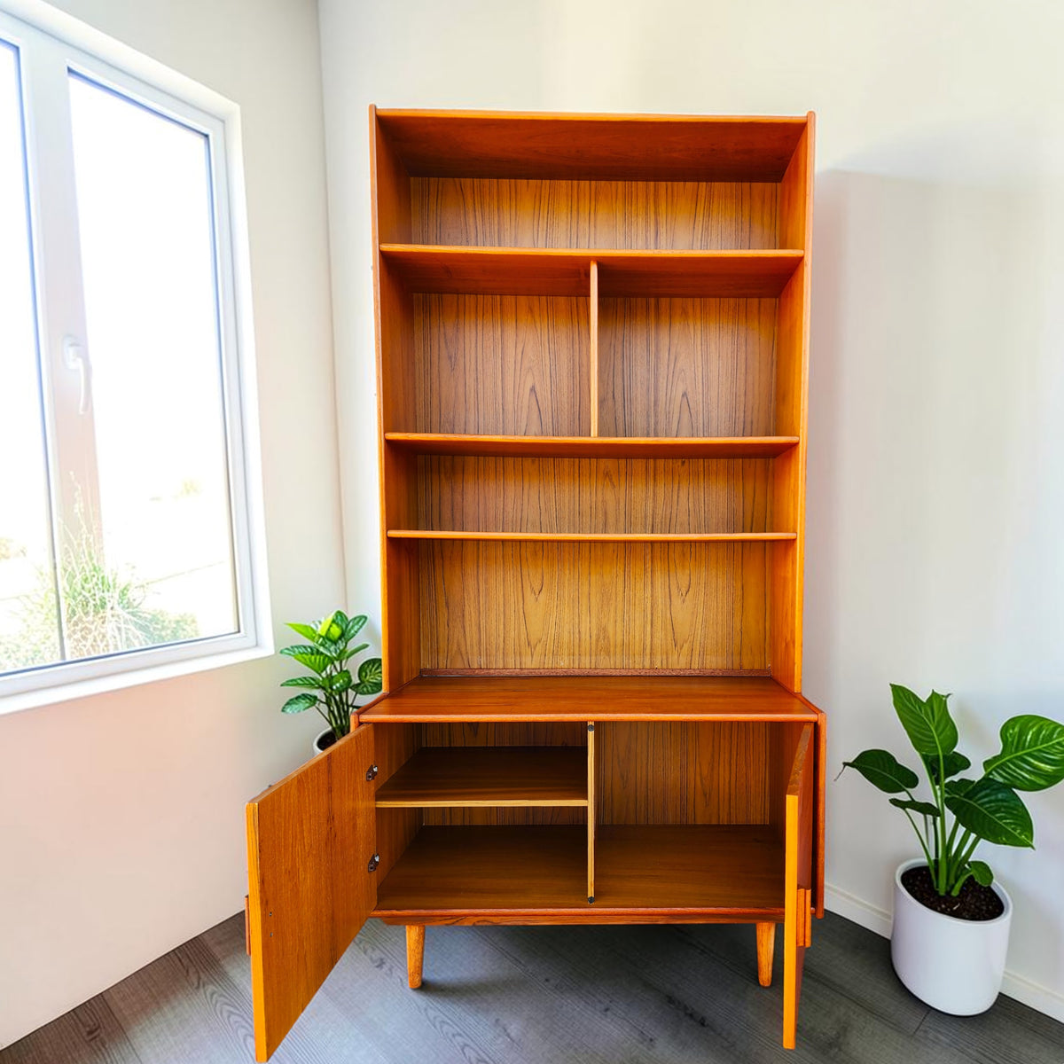 REFINISHED Danish Mid Century Modern Teak Cabinet w Shelving