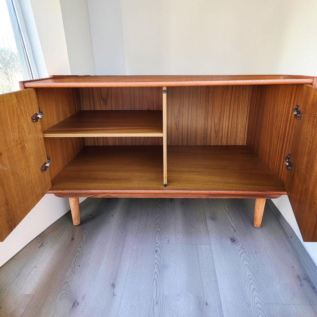 REFINISHED Danish Mid Century Modern Teak Cabinet w Shelving