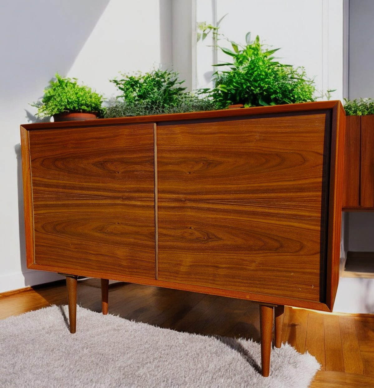 REFINISHED Mid Century Modern Teak Cabinet w Walnut Doors 4 ft Narrow