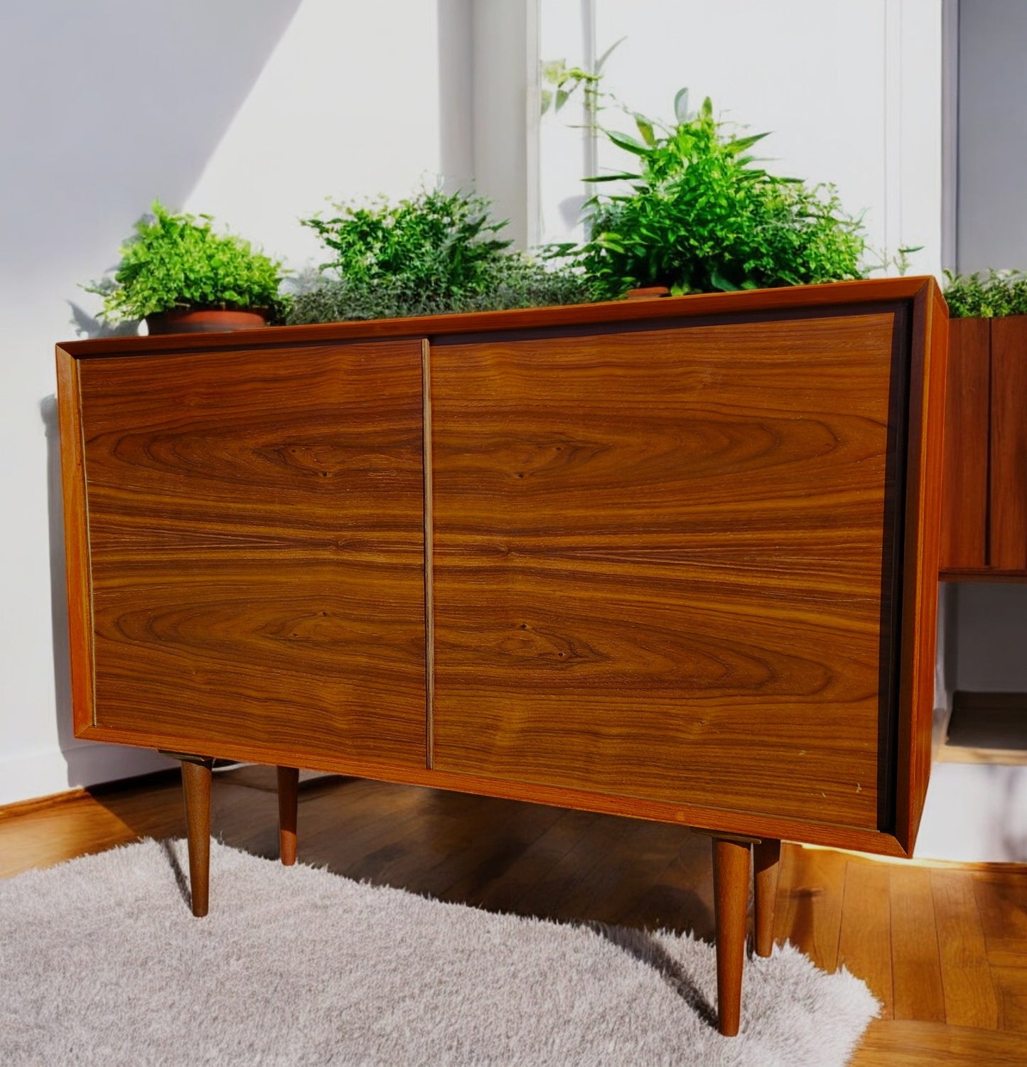 REFINISHED Mid Century Modern Teak Cabinet w Walnut Doors 4 ft Narrow