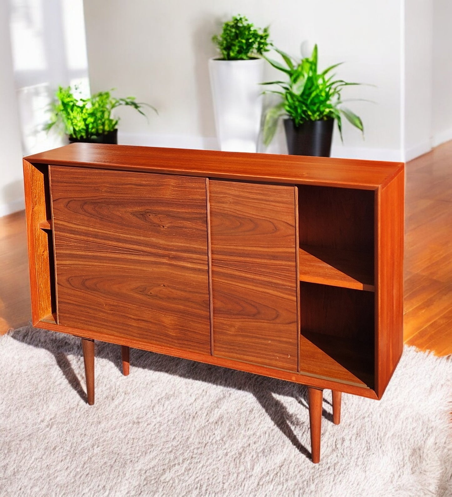 REFINISHED Mid Century Modern Teak Cabinet w Walnut Doors 4 ft Narrow