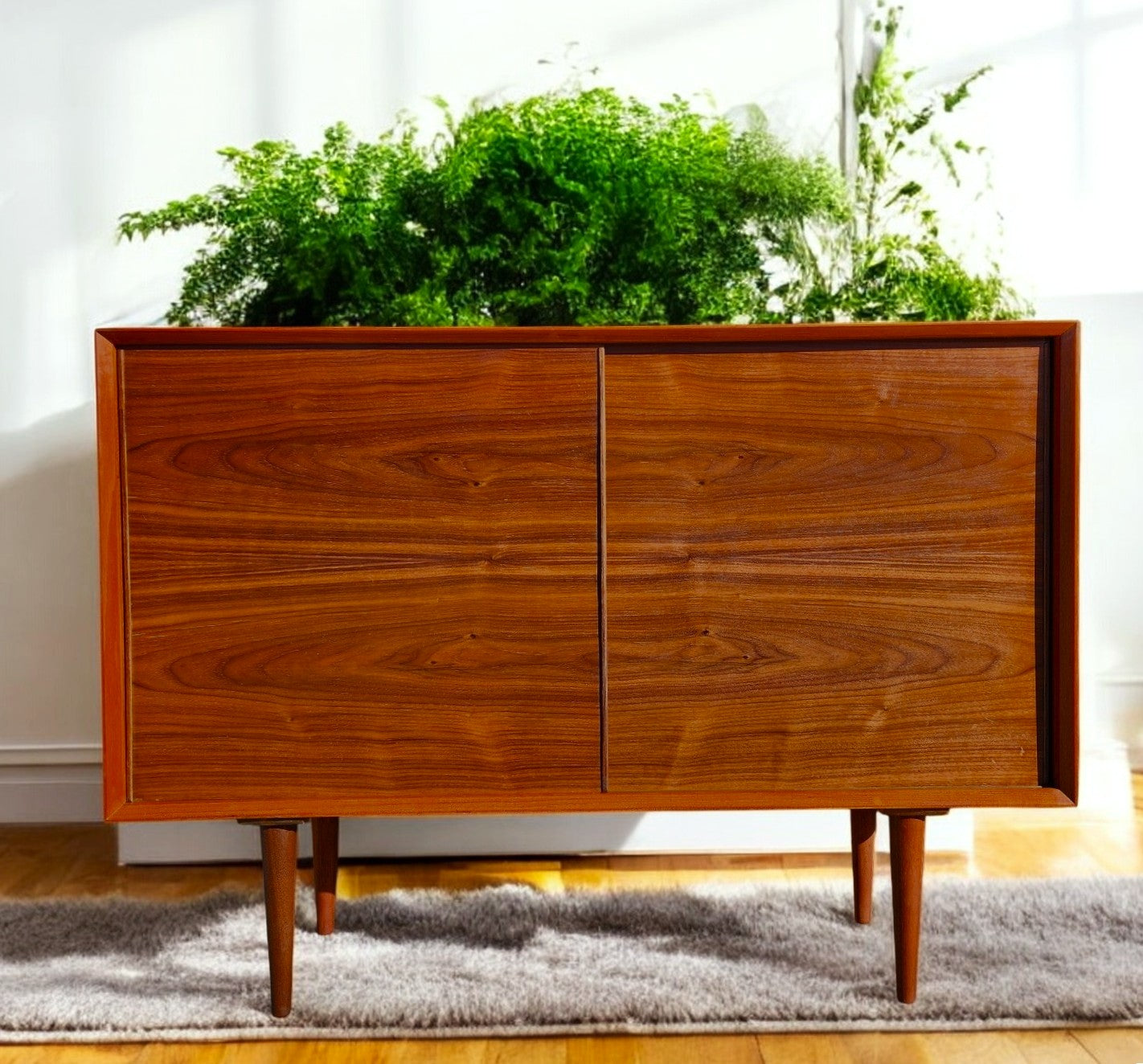 REFINISHED Mid Century Modern Teak Cabinet w Walnut Doors 4 ft Narrow
