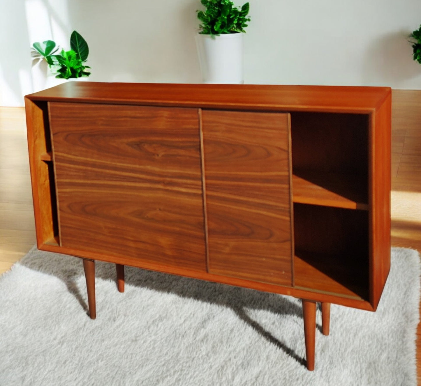 REFINISHED Mid Century Modern Teak Cabinet w Walnut Doors 4 ft Narrow