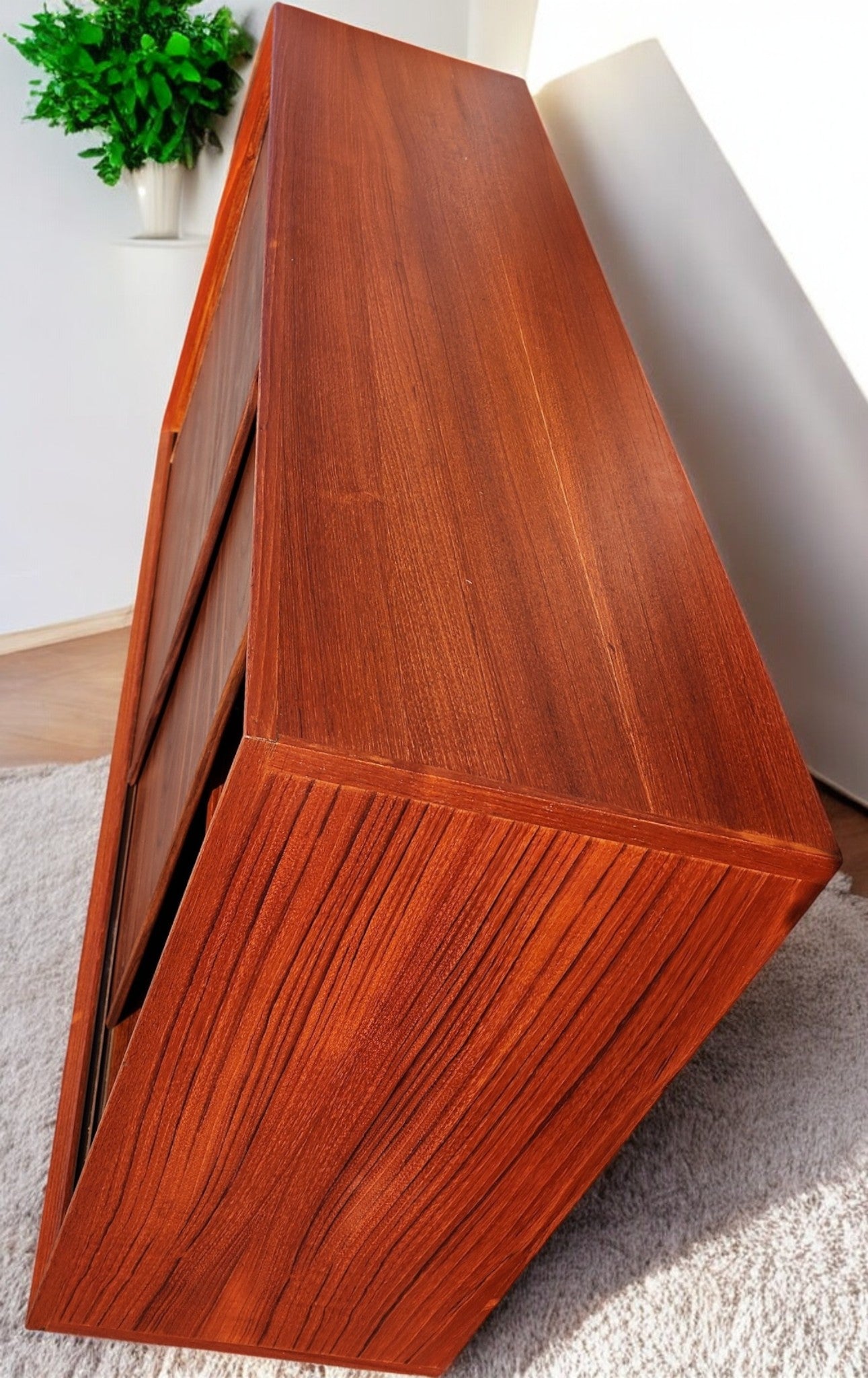 REFINISHED Mid Century Modern Teak Cabinet w Walnut Doors 4 ft Narrow