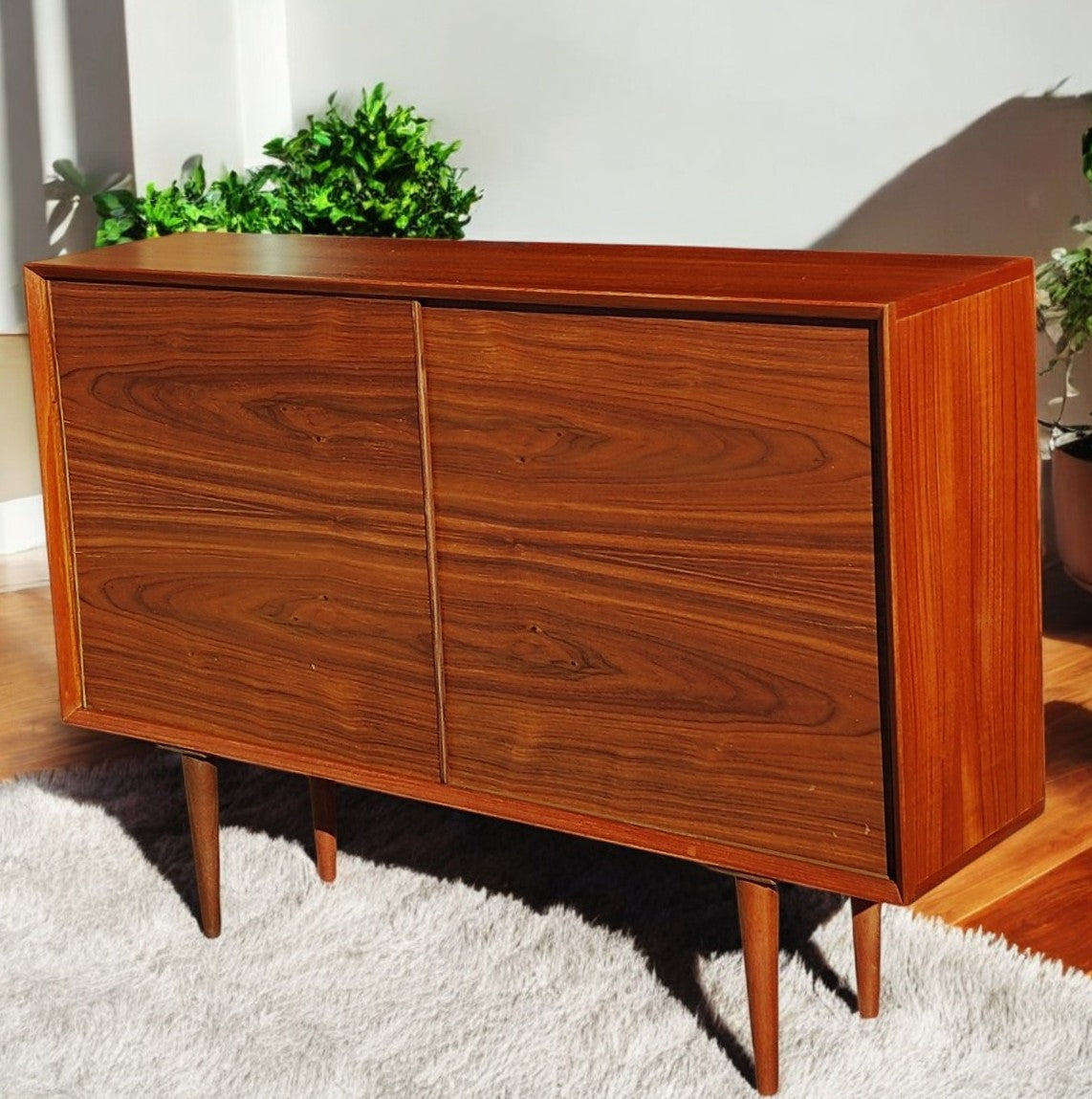 REFINISHED Mid Century Modern Teak Cabinet w Walnut Doors 4 ft Narrow