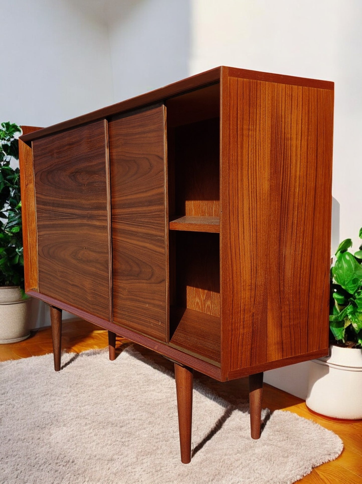REFINISHED Mid Century Modern Teak Cabinet w Walnut Doors 4 ft Narrow
