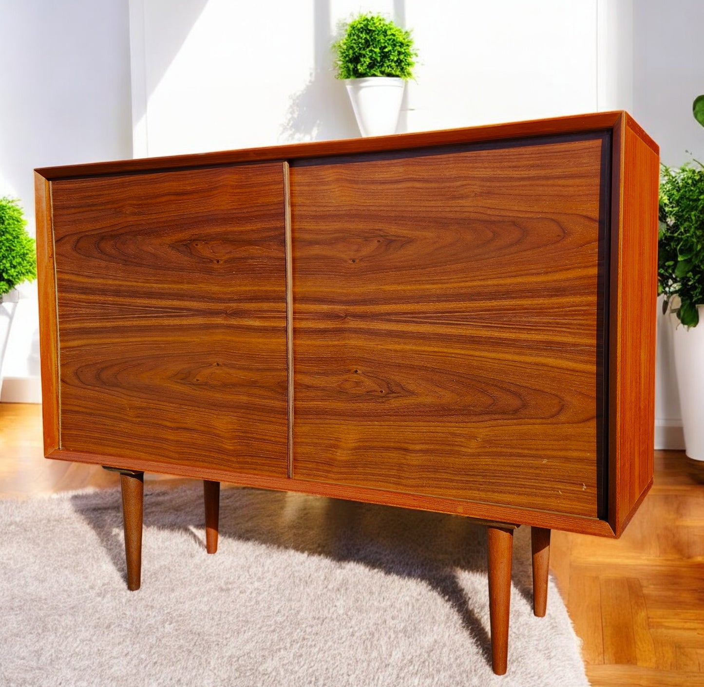 REFINISHED Mid Century Modern Teak Cabinet w Walnut Doors 4 ft Narrow