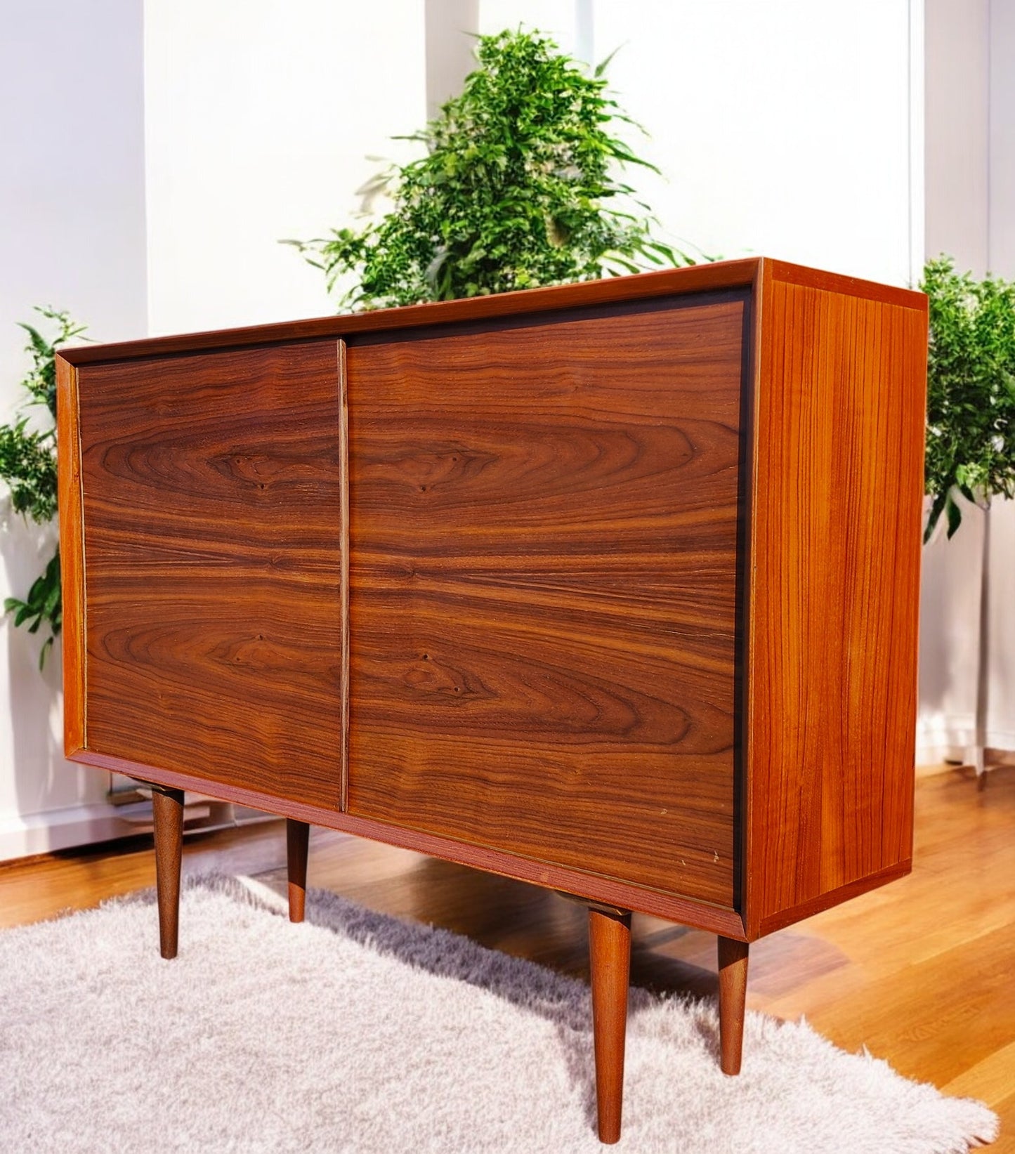 REFINISHED Mid Century Modern Teak Cabinet w Walnut Doors 4 ft Narrow