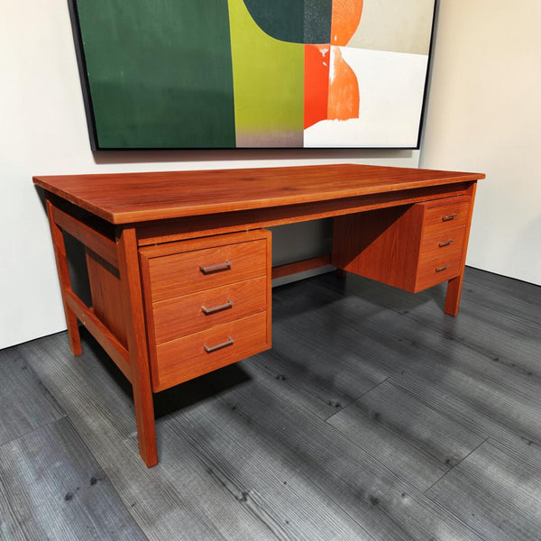 REFINISHED Mid Century Modern Teak Desk w Two Pedestals Free-Standing 65"