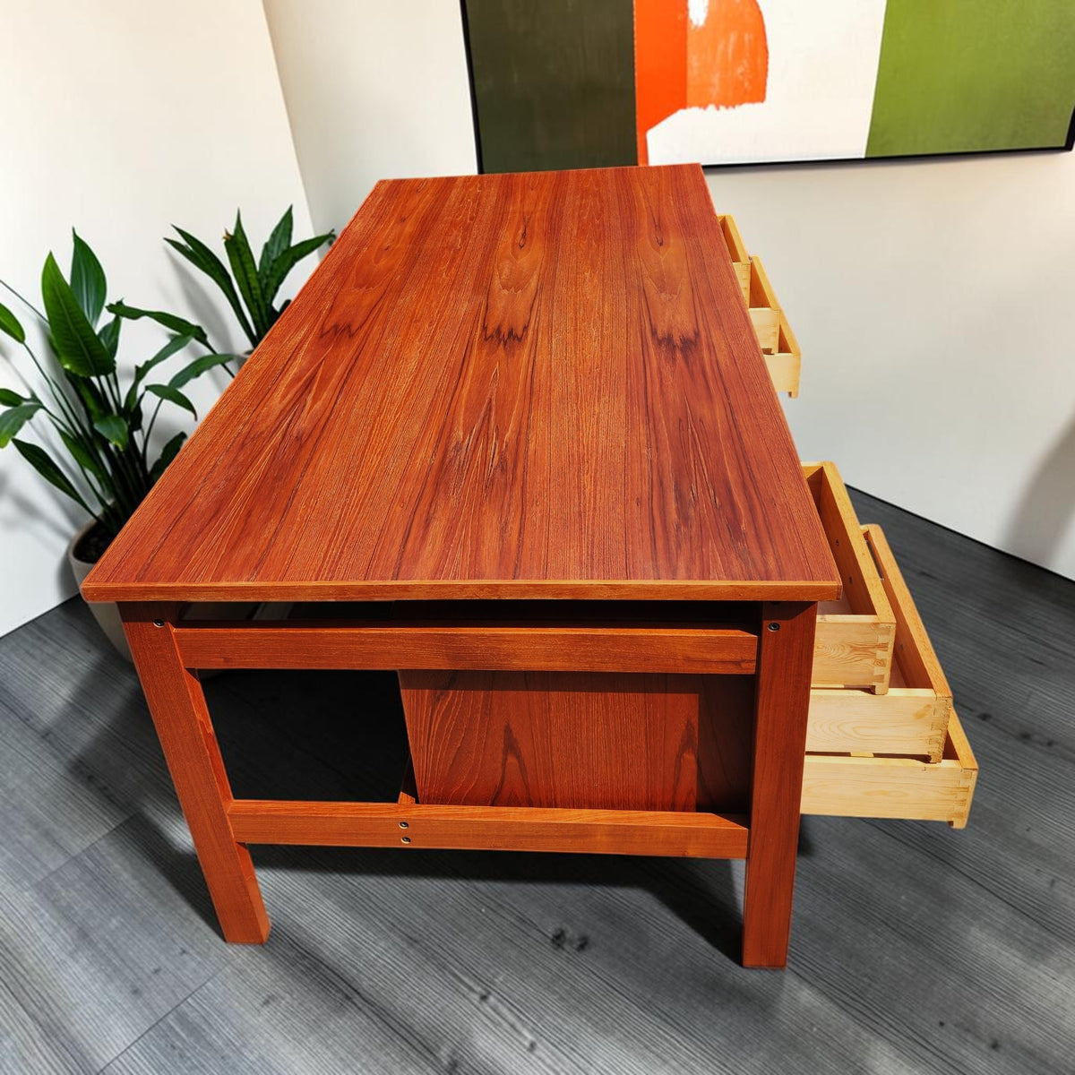 REFINISHED Mid Century Modern Teak Desk w Two Pedestals Free-Standing 65