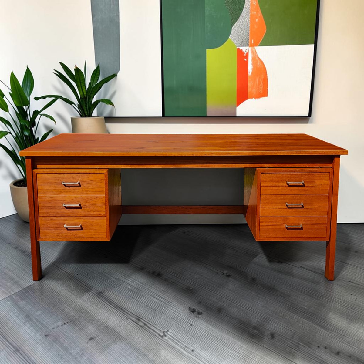 REFINISHED Mid Century Modern Teak Desk w Two Pedestals Free-Standing 65