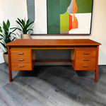 REFINISHED Mid Century Modern Teak Desk w Two Pedestals Free-Standing 65