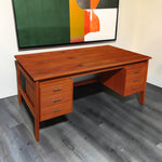 REFINISHED Mid Century Modern Teak Desk w Two Pedestals Free-Standing 65