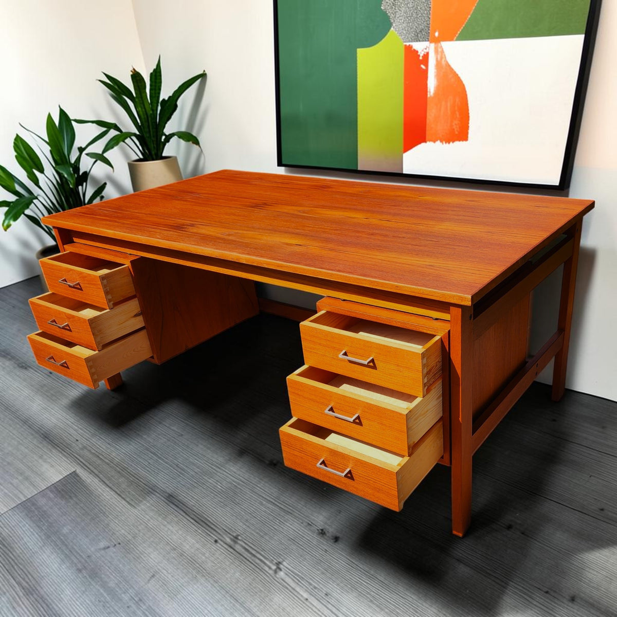 REFINISHED Mid Century Modern Teak Desk w Two Pedestals Free-Standing 65