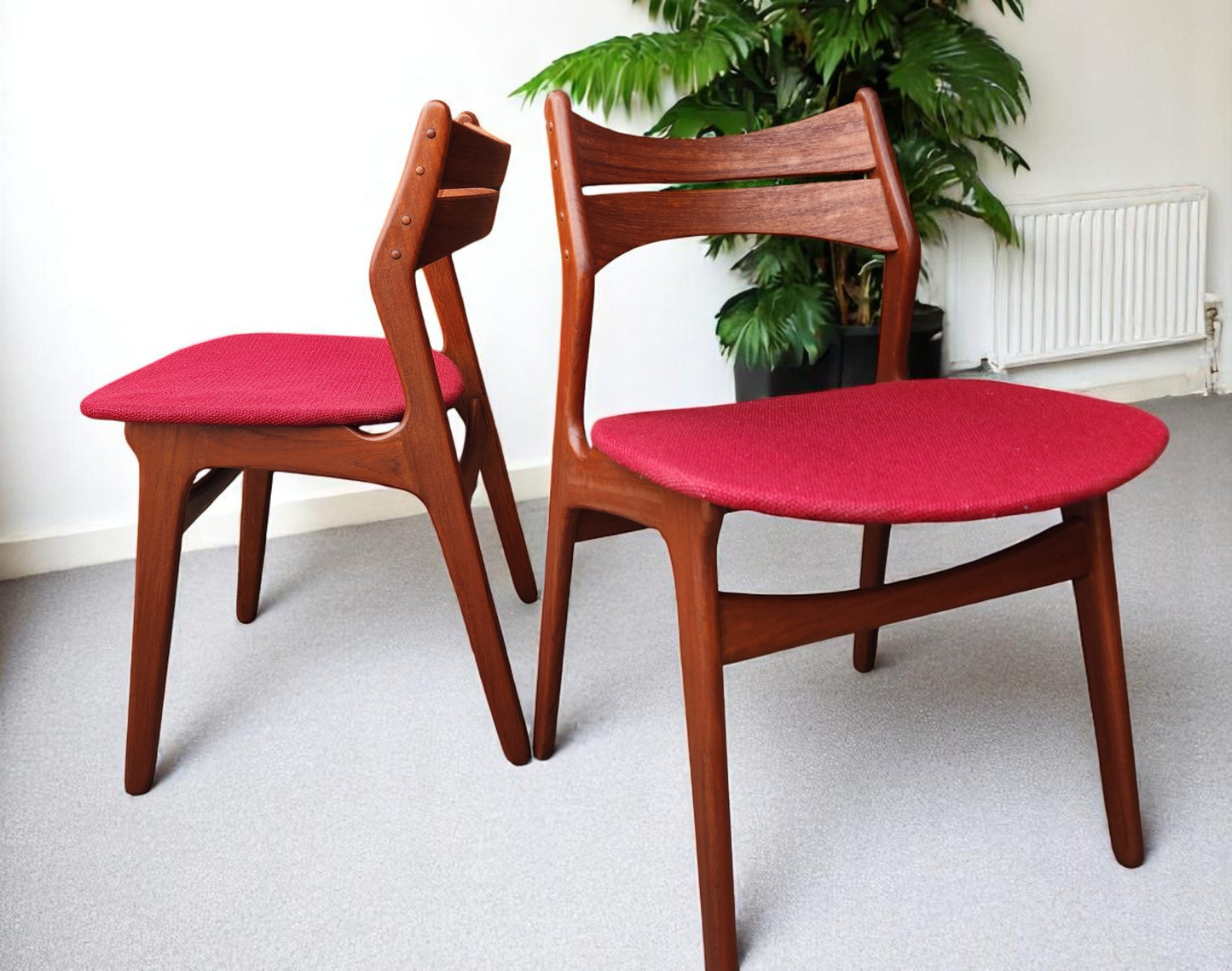 4 REFINISHED Danish MCM teak chairs by Erik Buch, model 310, will be REUPHOLSTERED