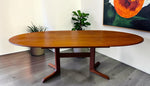 REFINISHED MCM Teak Table Elliptical w 2 Leaves Selfstoring w Trestle Legs 63
