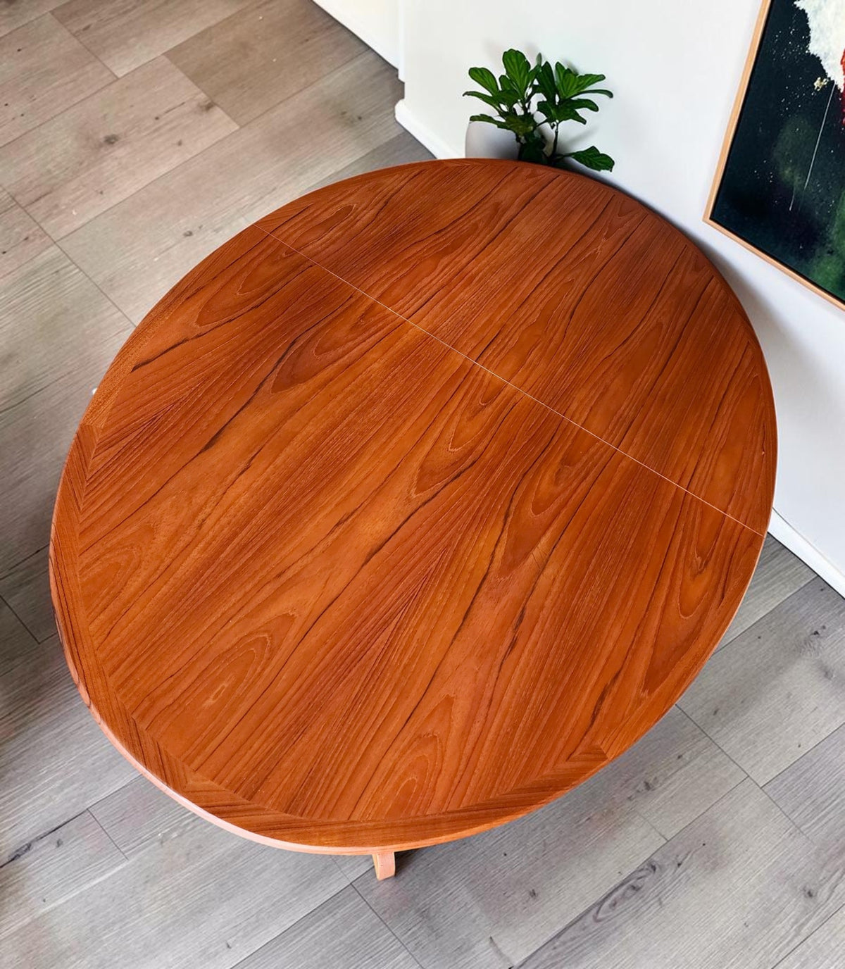 REFINISHED MCM Teak Table Elliptical w 2 Leaves Selfstoring w Trestle Legs 63