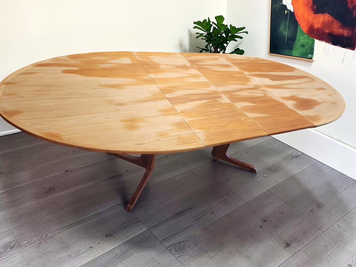 REFINISHED MCM Teak Table Elliptical w 2 Leaves Selfstoring w Trestle Legs 63