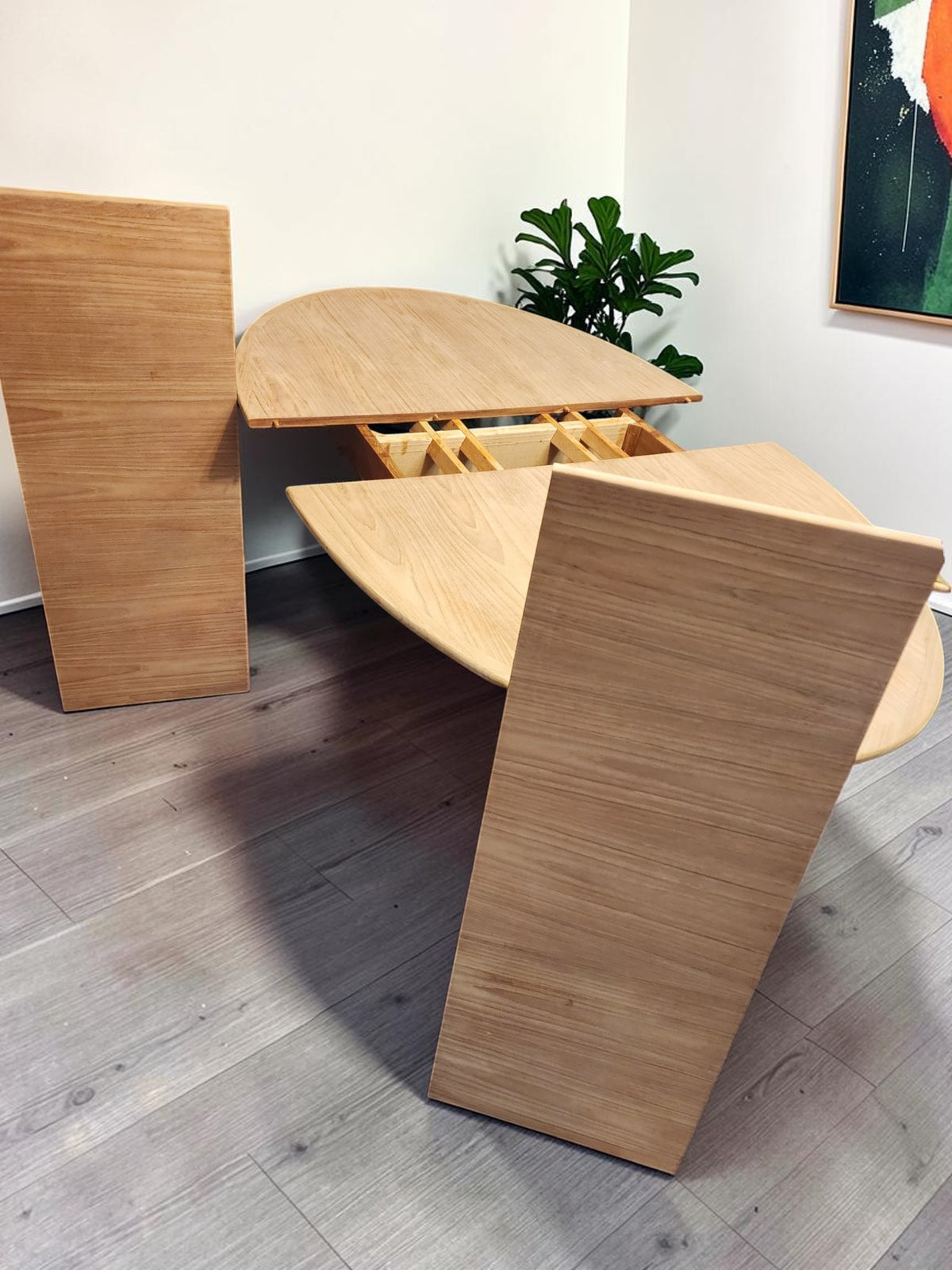 REFINISHED MCM Teak Table Elliptical w 2 Leaves Selfstoring w Trestle Legs 63