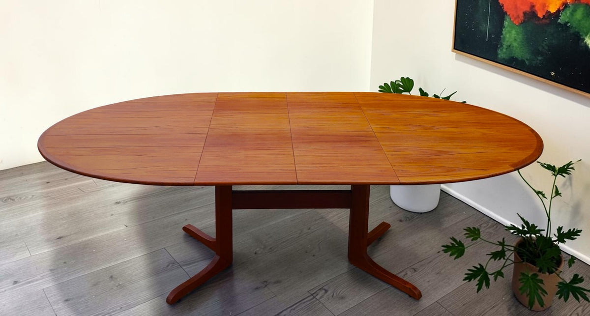 REFINISHED MCM Teak Table Elliptical w 2 Leaves Selfstoring w Trestle Legs 63