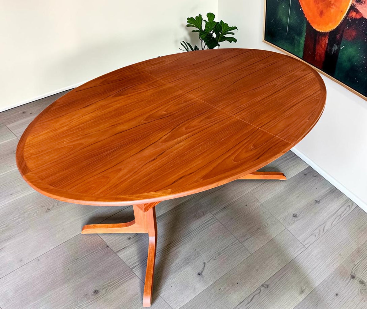REFINISHED MCM Teak Table Elliptical w 2 Leaves Selfstoring w Trestle Legs 63