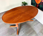 REFINISHED MCM Teak Table Elliptical w 2 Leaves Selfstoring w Trestle Legs 63