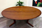 REFINISHED MCM Teak Table Elliptical w 2 Leaves Selfstoring w Trestle Legs 63