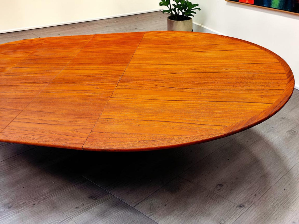 REFINISHED MCM Teak Table Elliptical w 2 Leaves Selfstoring w Trestle Legs 63