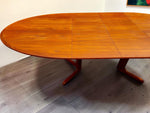 REFINISHED MCM Teak Table Elliptical w 2 Leaves Selfstoring w Trestle Legs 63