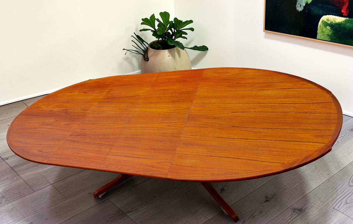 REFINISHED MCM Teak Table Elliptical w 2 Leaves Selfstoring w Trestle Legs 63