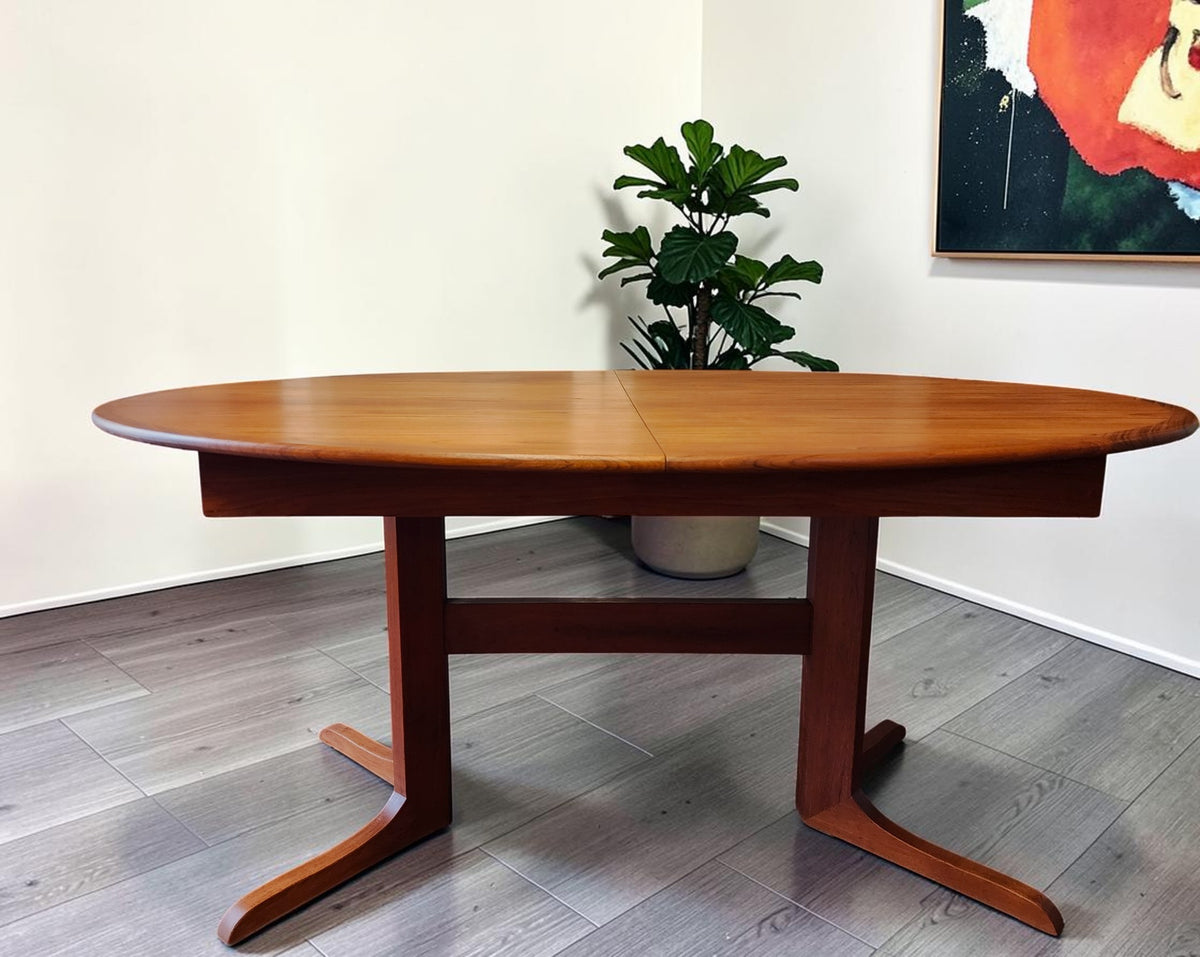 REFINISHED MCM Teak Table Elliptical w 2 Leaves Selfstoring w Trestle Legs 63