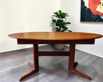 REFINISHED MCM Teak Table Elliptical w 2 Leaves Selfstoring w Trestle Legs 63