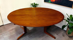 REFINISHED MCM Teak Table Elliptical w 2 Leaves Selfstoring w Trestle Legs 63