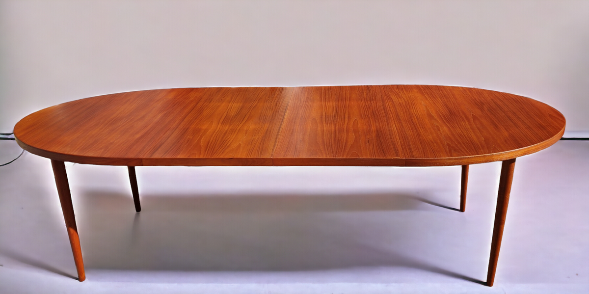 REFINISHED Danish Mid Century Modern Teak Table Oval w 2 Leaves 60